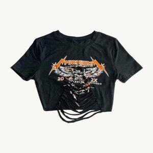 Shein Black and Orange Cropped Cut Out Graphic T-Shirt Size Small